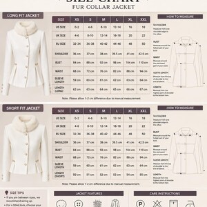 May include: A size chart for a fur collar jacket featuring two white jacket styles, long and short fit, with pearl buttons and fur collars. The chart includes US, UK, and EU sizing, measurements in centimeters, and instructions on how to measure.