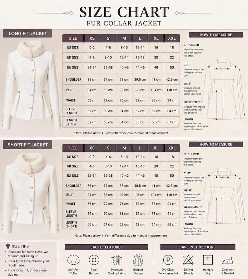 May include: A size chart for a fur collar jacket featuring two white jacket styles, long and short fit, with pearl buttons and fur collars. The chart includes US, UK, and EU sizing, measurements in centimeters, and instructions on how to measure.