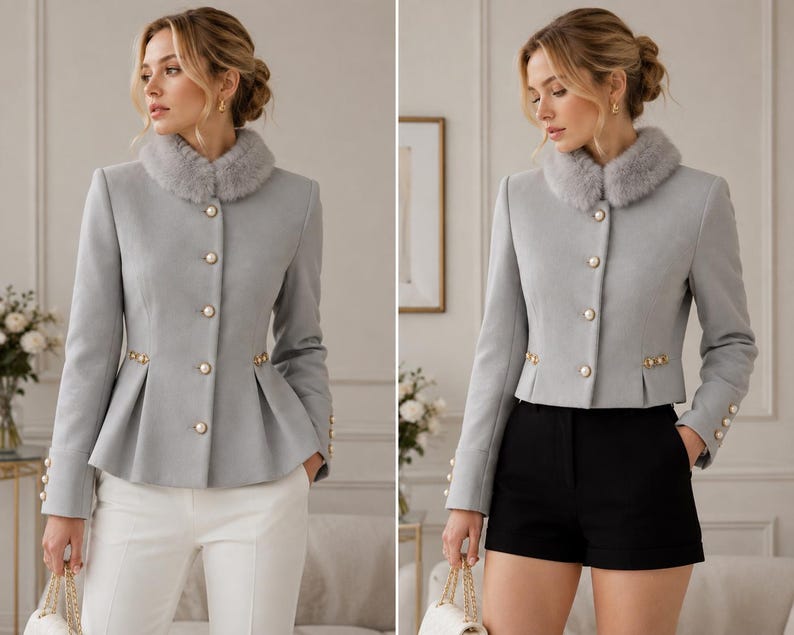 May include: A light gray jacket featuring a faux fur collar, long sleeves, and a peplum hem. The jacket is adorned with a vertical row of round white buttons down the front, with additional buttons on the cuffs and at the waistline.