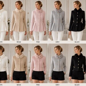May include: A collection of long and short fit jackets with fur collars, available in white, beige, pink, grey, black, and wine. Each jacket features a button-front closure, long sleeves, and a tailored silhouette. The text reads Long Fit Elegant Fur Collar Jacket and Short Fit Elegant Fur Collar Jacket.