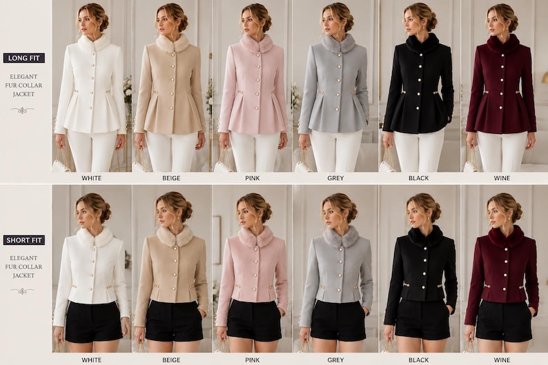 May include: A collection of long and short fit jackets with fur collars, available in white, beige, pink, grey, black, and wine. Each jacket features a button-front closure, long sleeves, and a tailored silhouette. The text reads Long Fit Elegant Fur Collar Jacket and Short Fit Elegant Fur Collar Jacket.