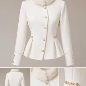 May include: A cream-colored jacket featuring a faux fur collar, long sleeves with triple pearl button cuffs, and a peplum waist. The front closure has five pearl buttons, while the waist is accented with gold-tone chain and pearl details.