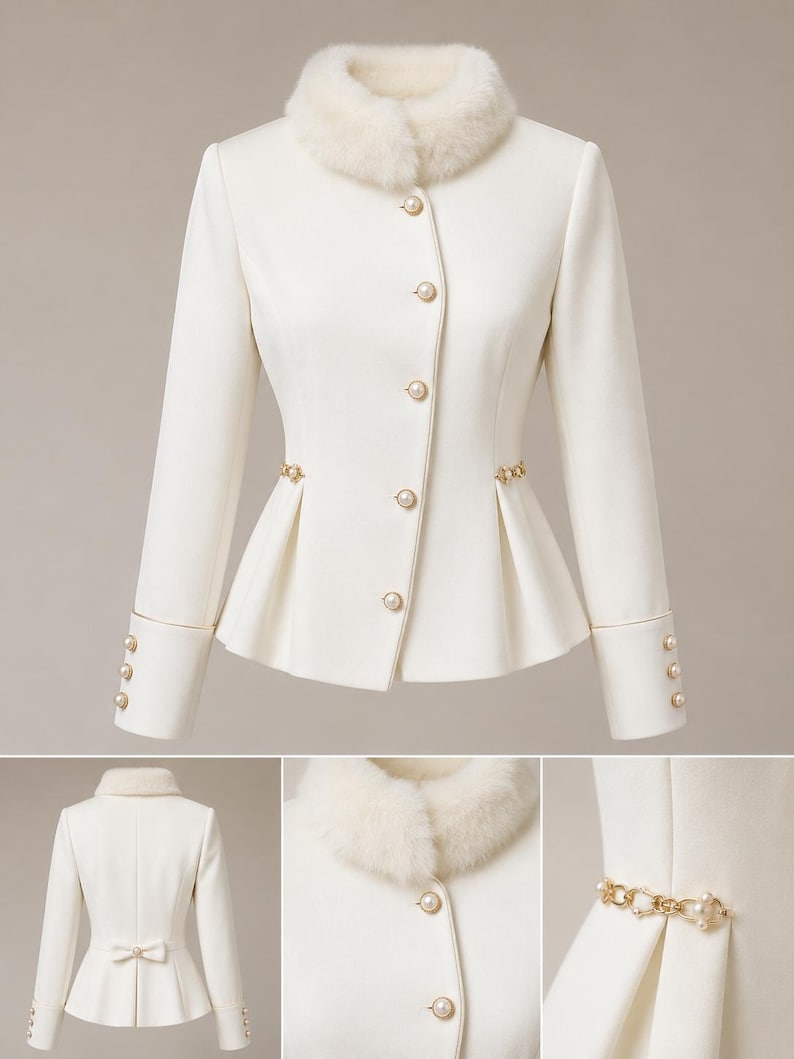 May include: A cream-colored jacket featuring a faux fur collar, long sleeves with triple pearl button cuffs, and a peplum waist. The front closure has five pearl buttons, while the waist is accented with gold-tone chain and pearl details.