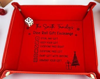 Christmas Game Dice Gift Exchange Tray – Red Leatherette 6x6 – Family or Office Party Fun
