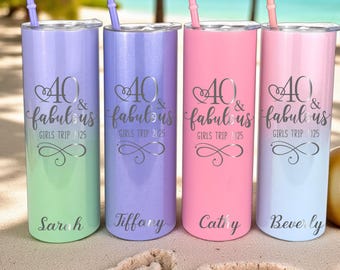 40th Birthday Tumbler with Straw – Personalized 40 & Fabulous Gift – Custom Stainless Cup – Girls Trip Favor for Women