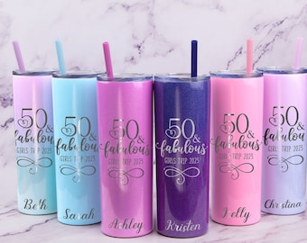 50 & Fabulous Birthday Tumbler with Straw, Personalized Stainless Steel Tumbler Engraved - 50th Birthday Gift for Women - 50th Birthday Trip