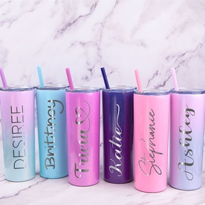 Engraved Personalized Skinny Tumbler with lid and straw, Custom Bridesmaid Skinny Tumbler, Stainless Steel Tumbler, Tumbler With Straw,