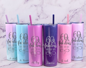 60 & Fabulous Birthday Tumbler with Straw, Personalized Stainless Steel Tumbler Engraved - 60th Birthday Gift for Women - 60th Birthday Trip