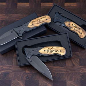 Engraved Pocket Knife, Groomsmen Gifts, Black Custom Knife boyfriend gift for him, Gift for dad, Fathers Day gift image 1