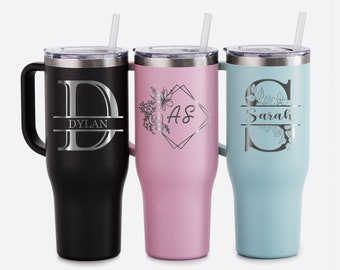 Personalized 40oz Tumbler With Handle, Lid and Straw, Stainless Steel Engraved Tumbler, Personalized Gift for Dad, Gift for Him