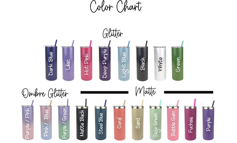 K&ouml;nnte beinhalten: Eine Farbkarte zeigt verschiedene isolierte Becher-Optionen. Die Karte umfasst Glitzer- und matte Oberfl&auml;chen in Farben wie Dunkelblau, Lila, Hot Pink, Deep Purple, Hellblau, Schwarz, Wei&szlig; und Gr&uuml;n. Ombre-Glitzer- und matte Optionen sind ebenfalls abgebildet.