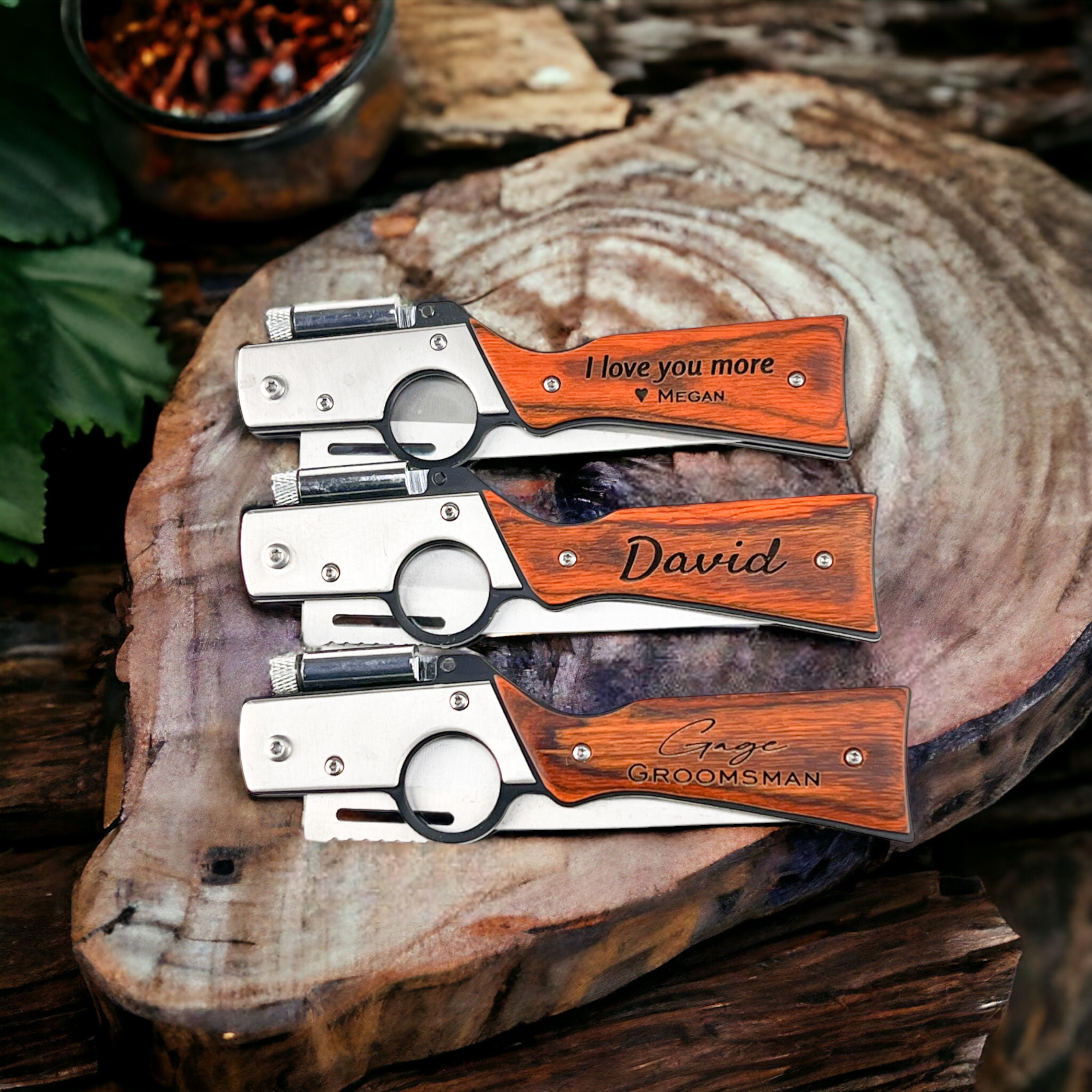 Personalized Pocket Knife with LED: Engraved Rosewood Handle Gift