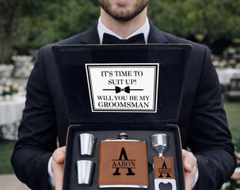 Groomsman Proposal Gift Set – Flask Box with Shot Glasses – Will You Be My Groomsman