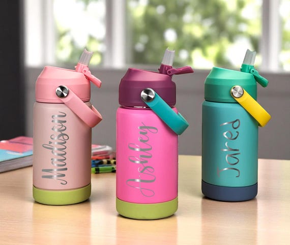 Personalized Kids Water Bottle with Straw – 12 oz Stainless Steel Tumbler – Custom Name Engraved – Gift for School, Camp, Daycare