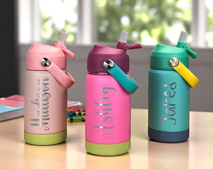 Personalized Kids Water Bottle with Straw – 12 oz Stainless Steel Tumbler – Custom Name Engraved – Gift for School, Camp, Daycare