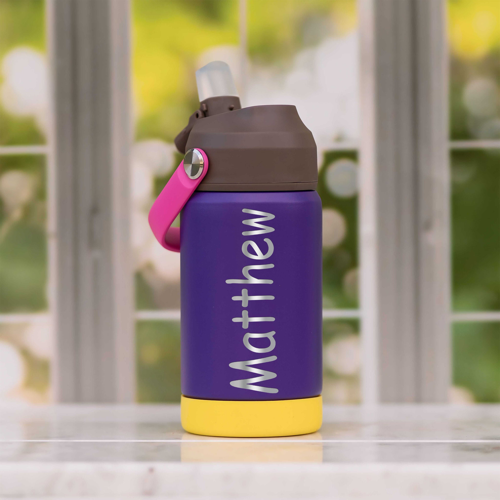 Personalized Kids Water Bottle with Straw – 12 oz Stainless Steel Tumbler – Custom Name Engraved – Gift for School, Camp, Daycare