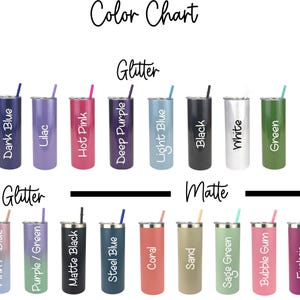 Puede incluir: Una carta de colores muestra varias opciones de vasos aislados. La carta incluye acabados brillantes y mate en colores como azul oscuro, lila, rosa intenso, morado oscuro, azul claro, negro, blanco y verde. Tambi&eacute;n se muestran opciones de brillo ombre y mate.