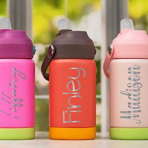 Personalized Kids Water Bottle, Custom Laser Engraved for Boys and Girls, Back to School, 12 oz Stainless Steel, Summer Camp Toddler Tumbler