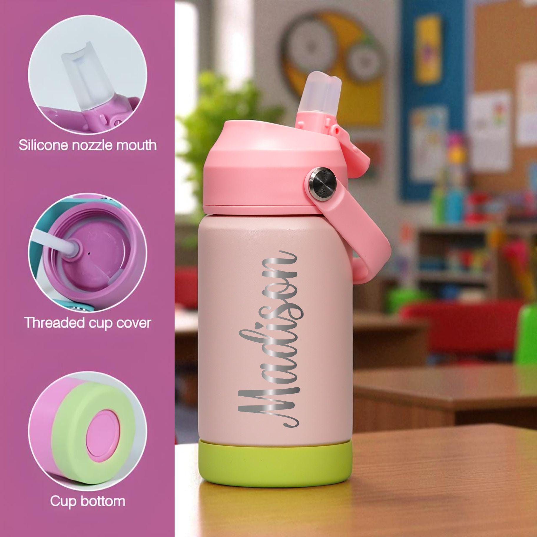Personalized Kids Water Bottle with Straw – 12 oz Stainless Steel Tumbler – Custom Name Engraved – Gift for School, Camp, Daycare