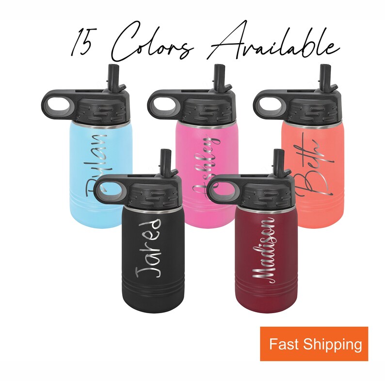 Personalized Kids Water Bottle with Straw, Back to School, 12 oz or 20oz Stainless Steel Custom Laser Engraved for Boys and Girls image 1