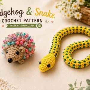 May include: A crochet pattern titled Hedgehog & Snake Crochet Pattern Instant Download featuring a tan hedgehog with colorful beads on its back and a yellow and green beaded snake. The text includes PDF Pattern, Beginner Friendly, and Instant Download.