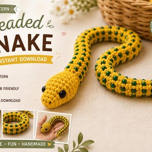 May include: A crochet pattern for a beaded snake, featuring text that reads CROCHET PATTERN BEADED SNAKE INSTANT DOWNLOAD, PDF PATTERN, BEGINNER FRIENDLY, and EASY TO FOLLOW. The snake is yellow with green beads and black eyes.
