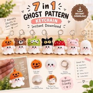 May include: A digital pattern for seven crochet ghost keychains, each featuring a white ghost body with a unique hat, including a pumpkin, bear, alien, cat, strawberry, pig, and plain ghost. The image includes text, diagrams, and keychains.
