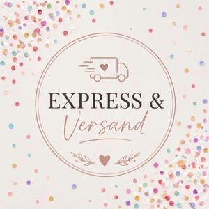 Könnte beinhalten: Eine kreisförmige Grafik auf hellem Hintergrund mit bunten Konfettipunkten. Im Kreis befindet sich ein Liniensymbol eines Lieferwagens mit Herz, der Text EXPRESS & Versand sowie ein kleines Herz, das von zwei Blattzweigen flankiert wird.