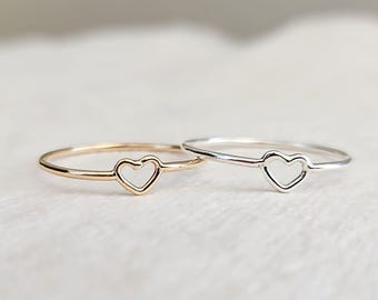 Small Open Heart Ring, Thin Love Band, Dainty Stacking Ring, Sterling Silver or 14K Gold Filled, Gift for Her, Promise Ring