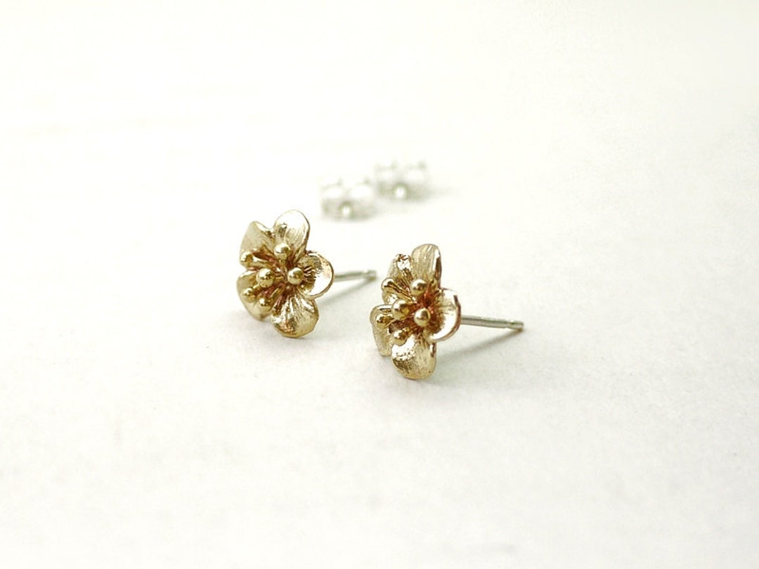 Gold Flower Earrings - Blossom Studs - Sterling Silver Post