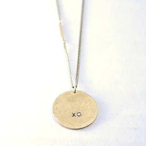 Personalized circle pendant necklace - large brass charm - long layered necklace - XO