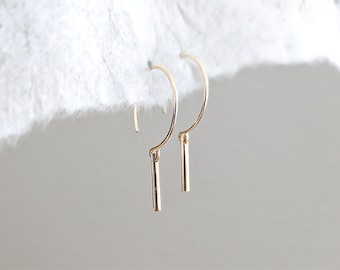 Bar Drop Hoop Earring, Open Hoop Dangle, Minimalist Dainty Earrings, Gift for her, Everyday Jewelry