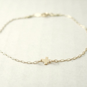Tiny gold cross bracelet - gold filled sideways cross - minimal dainty illusy