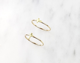 Gold cross ring - sideways cross - stacking ring - faith ring - delicate dainty illusy