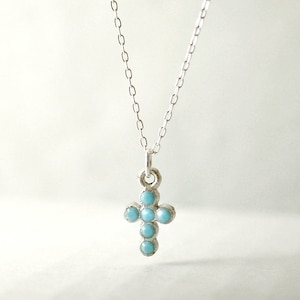 Turquoise cross necklace - preciosa crystals - silver cross necklace - blue necklace - simple delicate illusy