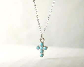 Turquoise cross necklace - preciosa crystals - silver cross necklace - blue necklace - simple delicate illusy