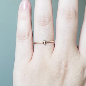 Puede incluir: Un delicado anillo de oro con un peque&ntilde;o dise&ntilde;o de calavera. El anillo se lleva en el dedo anular de una mano.