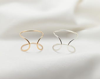 Double Cuff Ring, Parallel Band, Sterling Silver 14K Gold Filled, Open Band Ring, Minimalist Adjustable, Modern Everyday Jewelry