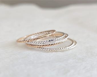 Thin Twisted Ring, Sterling Silver or 14K Gold Filled, Minimalist Stacking Band, Dainty Rope Hammered