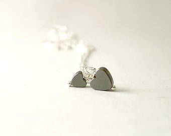 Heart necklace - double heart necklace - tiny hematite double hearts on sterling silver - minimalist delicate jewelry