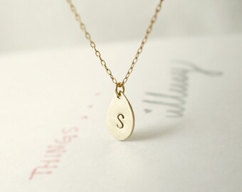 Gold initial necklace - personalized teardrop - customized - hand stamped