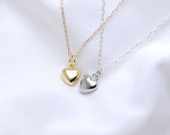 Small puffy heart necklace - silver heart , gold heart - love necklace - dainty minimalist illusy