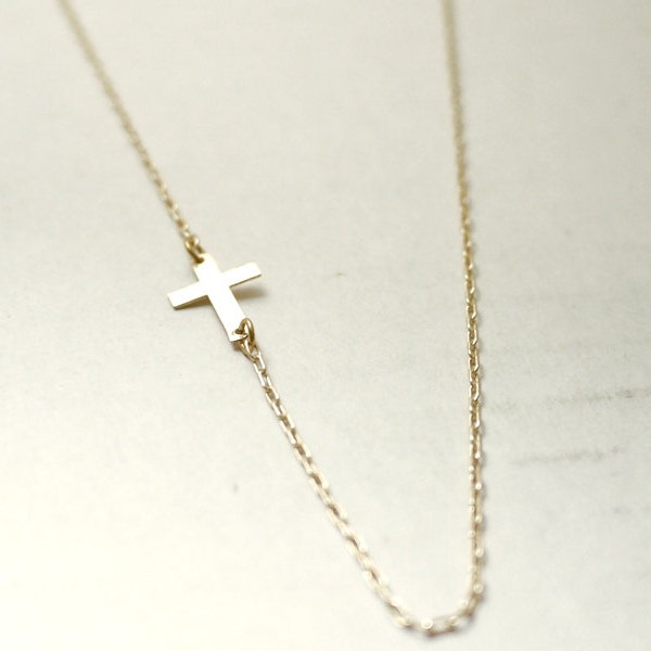 Sideways cross necklace - 14k gold filled - dainty delicate illusy