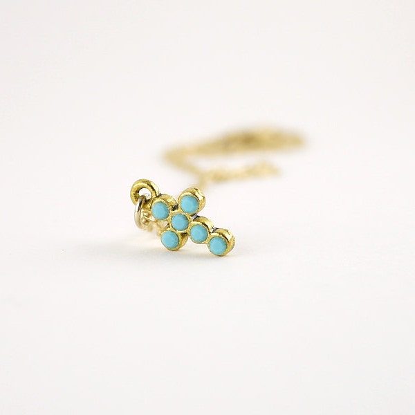 Turquoise cross necklace - tiny gold cross on gold filled - delicate dainty