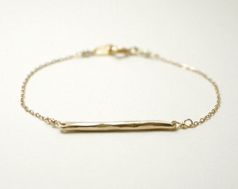 Gold bar bracelet - horizontal bar bronze - hammered - minimal simple jewelry