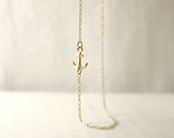 Gold sideways anchor necklace - center or side - nautical minimal jewelry