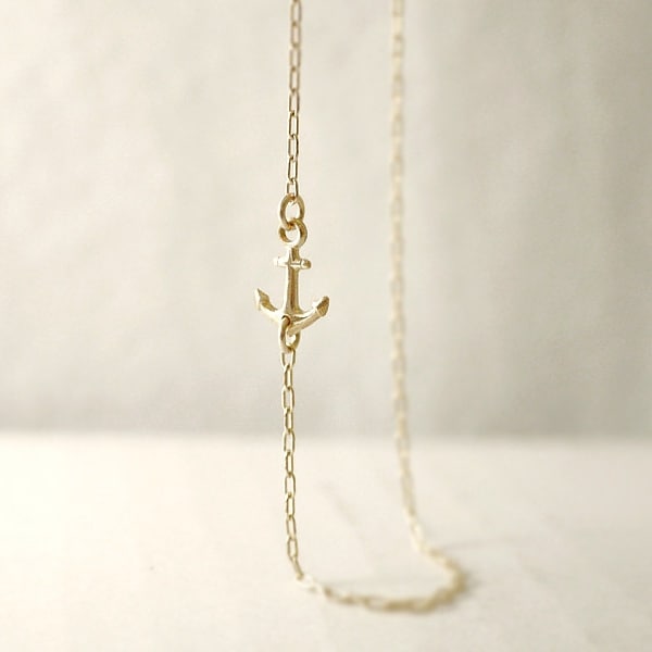 Gold sideways anchor necklace - center or side - nautical minimal jewelry