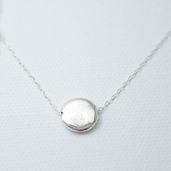 Silver disc necklace - flat circle lentil on sterling silver chain - modern simple jewlery