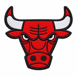 May include: An embroidered patch featuring a stylized bull head in red, white, and black. The design displays a red face with black outlines, white horns, and white eyes with black pupils. The entire graphic is bordered by a thick black stitched edge.