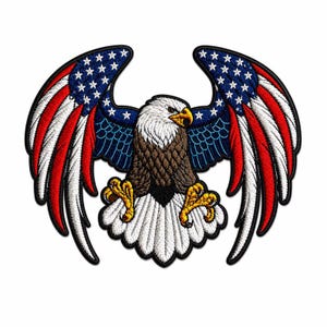 May include: An embroidered patch featuring a bald eagle with wings spread wide. The wings display a pattern of blue with white stars and red and white stripes. The eagle has a white head, brown body, white tail feathers, and yellow talons.